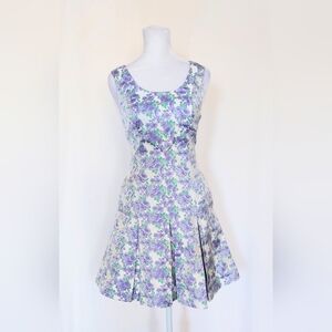 Lace & Mesh Sleeveless Fit & Flare Pleated Dress Purple White Floral Size XXS
